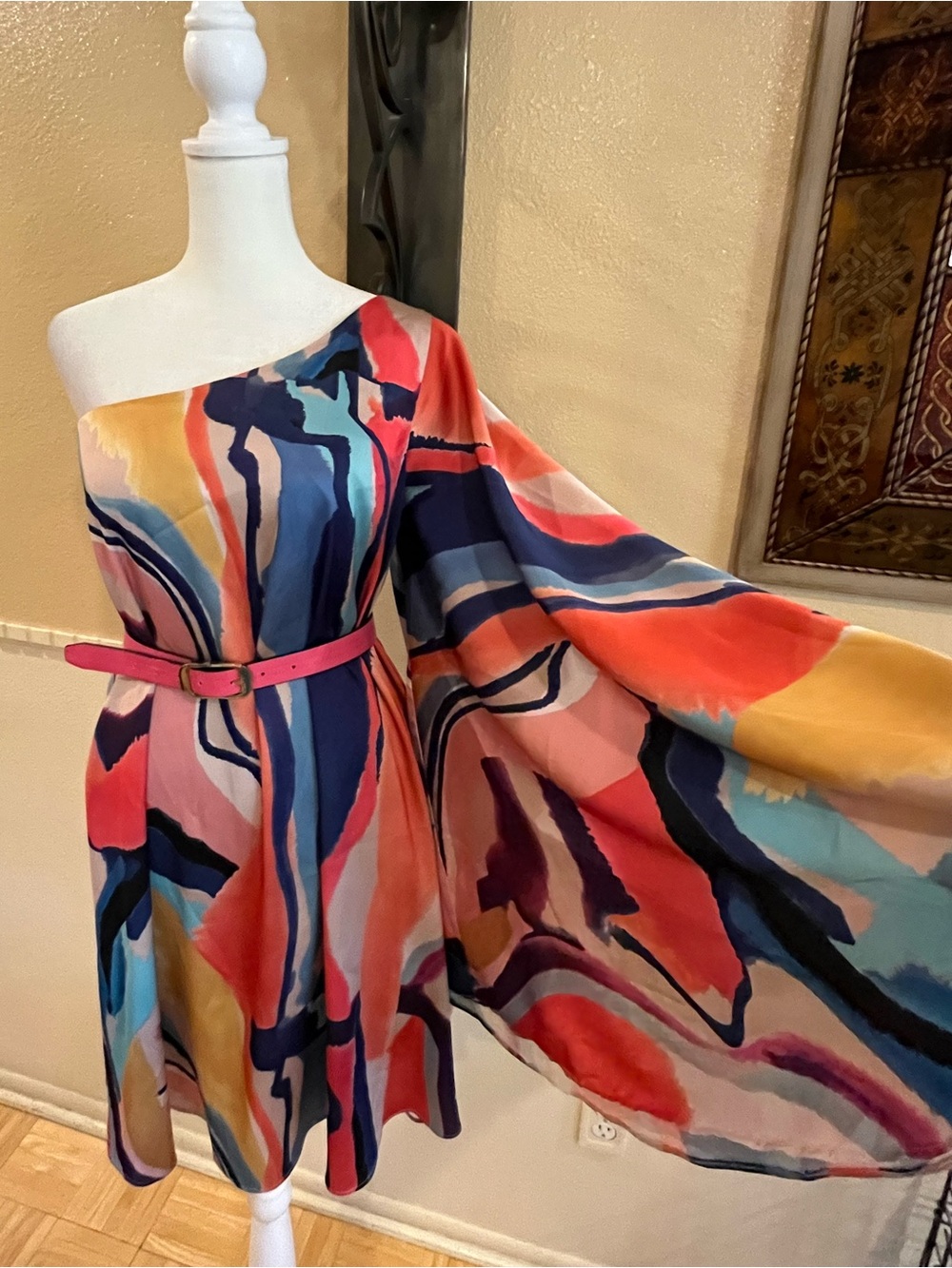 Anthropologie BHLDN one-shoulder satin mini dress. Bell sleeve. 2 pockets. M - Picture 6 of 11